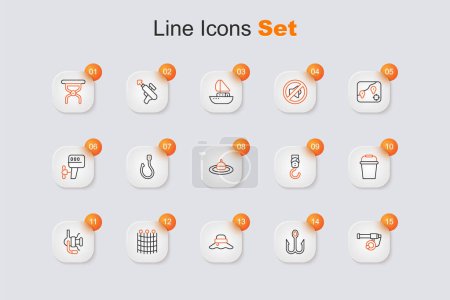 Set line Fishing rod, hook, Fisherman hat, net pattern, Spinning reel for fishing, bucket, Spring scale and float water icon. Vector