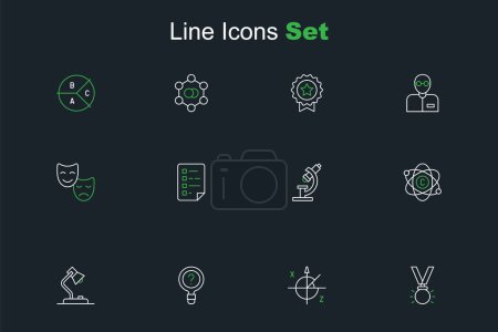 Set line Medal, Trigonometric circle, Unknown search, Table lamp, Atom, Microscope, Clipboard with checklist and Comedy and tragedy masks icon. Vector