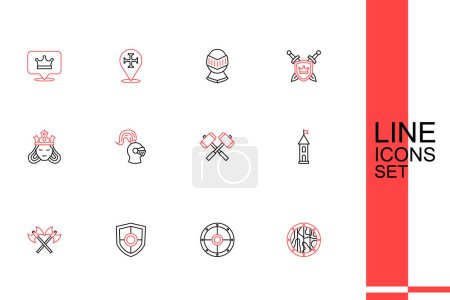 Set line Round wooden shield, Shield, Crossed medieval axes, Castle tower, battle hammers, Medieval helmet and Princess or queen icon. Vector