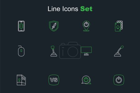 Set line Power button, VS Versus battle, Case of computer, Microphone, Computer monitor, Gear shifter and mouse icon. Vector
