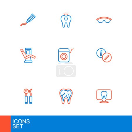 Set line Clínica dental ubicación, diente roto, espejo y sonda, Dolor de muelas tableta, Silla dental médica, hilo dental, gafas de seguridad y el icono. Vector