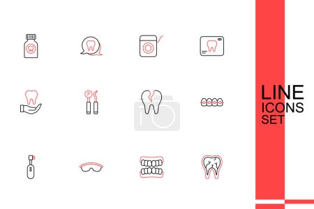 Set line Broken tooth, Dentures model, Safety goggle glasses, Electric toothbrush, Teeth with braces, Dental mirror and probe and Tooth icon. Vector