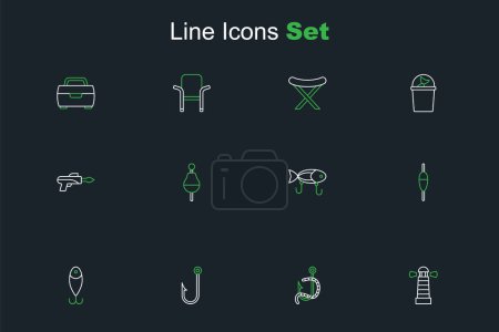 Set line Lighthouse, Fishing hook and worm, Fisherman, lure, float,  and  icon. Vector