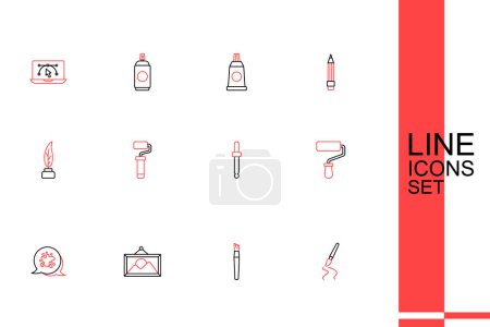 Set line Paint brush, Picture landscape, spray, roller, Eyedropper color picker palette,  and Feather inkwell icon. Vector