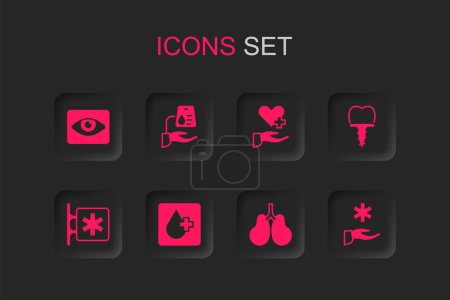 Illustration for Set Blood test, donation, Red eye effect, Lungs, Dental implant, Cross hospital medical, Heart with cross and Emergency - Star of Life icon. Vector - Royalty Free Image