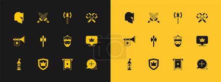 Set Crossed battle hammers, Shield with crown, King, Medieval flag, axe, poleaxe, helmet and medieval sword icon. Vector