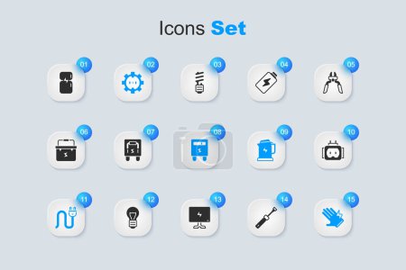 Set Screwdriver, Electrical panel, outlet, plug, glove, Tee electric, Refrigerator and meter icon. Vector