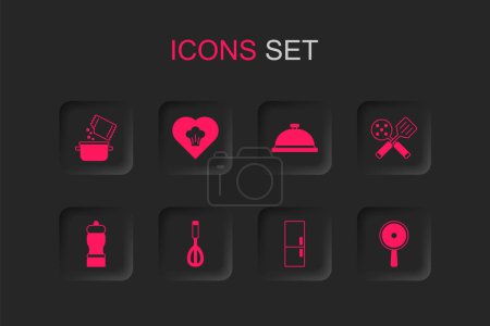 Illustration for Set Kitchen whisk, Chef hat, Cooking pot and spice, Refrigerator, Spatula, Frying pan, Covered with tray of food and Pepper icon. Vector - Royalty Free Image