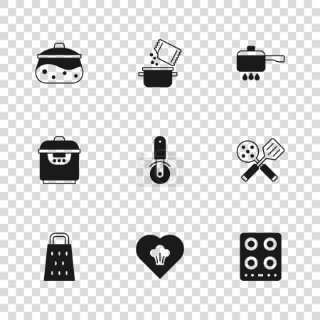 Set Chef hat, Spatula, Gas stove, Pizza knife, Cooking pot on fire, and spice and Slow cooker icon. Vector