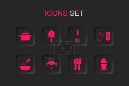 Illustration for Set Kitchen extractor fan, Frying pan, Cooking pot, Crossed knife and fork, Microwave oven, Chicken egg on stand, Spatula and whisk with bowl icon. Vector - Royalty Free Image