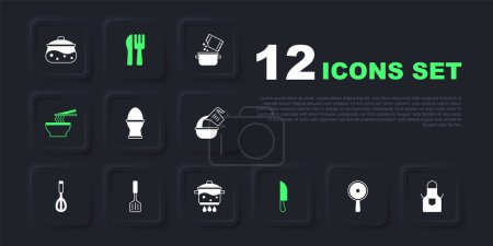 Illustration for Set Frying pan, Kitchen apron, Chicken egg stand, Knife, Asian noodles bowl, Spatula, Crossed knife fork and Cooking pot fire icon. Vector - Royalty Free Image