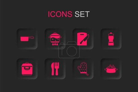 Set Crossed knife and fork, Cooking pot on fire, Frying pan, Oven glove, Pepper, Cutting board and Slow cooker icon. Vector