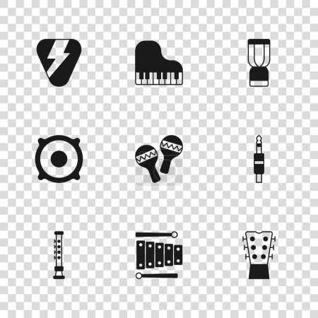 Set Xylophone, Audio jack, Guitar neck, Maracas, African djembe drum, pick, Grand piano and Stereo speaker icon. Vector