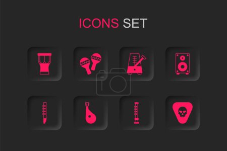 Set Bandura, Maracas, African percussion drum, Flute, Stereo speaker, Guitar pick, Metronome with pendulum and  icon. Vector