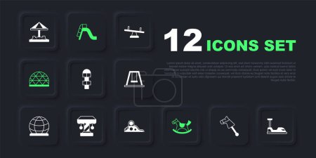 Set Toy horse, Bumper car, Hopscotch, Horse in saddle swing, Playground climbing equipment, Attraction carousel, Slide playground and  icon. Vector