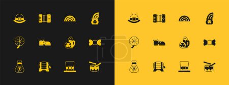 Set Pot of gold with rainbow, Wooden barrel on rack, Glass beer, Leprechaun hat, boot, Rainbow,  and Accordion icon. Vector