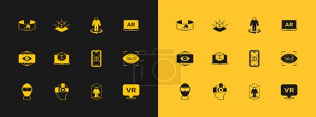 Téléchargez les illustrations : Set réalité augmentée AR, Lunettes virtuelles, modélisation 3D, vue à 360 degrés et icône. Vecteur - en licence libre de droit