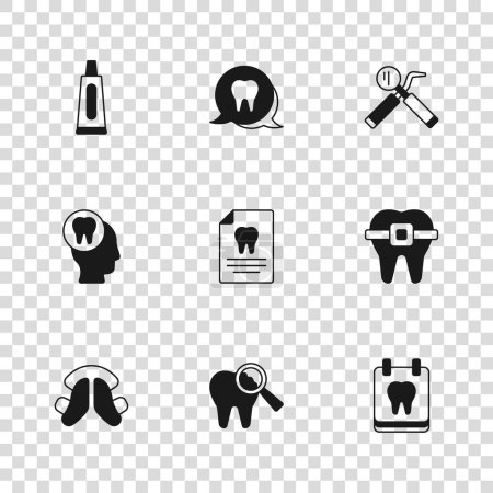 Set Broken tooth, Teeth with braces, Calendar, Clipboard dental card, Dental mirror and probe, Tube of toothpaste, Tooth and Toothache icon. Vector