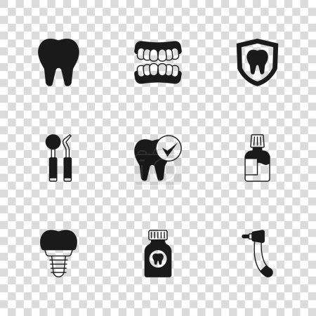 Set Zahnschmerztabletten, Mundwasser, Bohrmaschine, Zahnschutz, Zahnersatz Modell und Spiegel und Sonde Symbol. Vektor