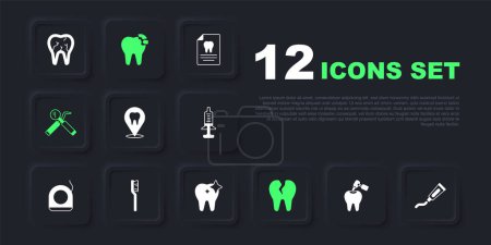Set Tooth with caries and drill, Tube of toothpaste, Dental clinic location, Broken, mirror probe, Toothbrush,  and whitening icon. Vector