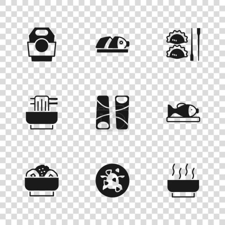 Set Kung Pao chicken, Served fish on plate, Ramen soup bowl, Guotie, Dumpling with chopsticks, Asian noodles paper box, Fish sliced pieces and  icon. Vector