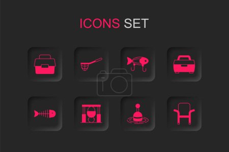 Illustration for Set Campfire and pot, Fishing net, Case or box for fishing, float water, equipment, Camping folding chair, lure and skeleton icon. Vector - Royalty Free Image