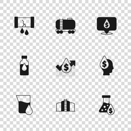 Ilustración de Conjunto de almacenamiento de tanque de aceite, gota con símbolo de dólar, tubo de prueba de gasolina, aumento de precios, válvula de tubería de aceite roto, cisterna ferroviaria e icono. Vector - Imagen libre de derechos