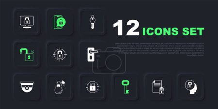 Set Document and lock, Lock, Old key, Open padlock, Bomb, Mobile with closed and  icon. Vector