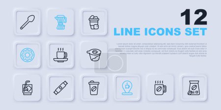 Set line Coffee cup, Bag coffee beans, Location with, Donut, Sugar stick packets, maker moca pot and to go icon. Vector