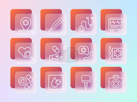 Illustration for Set line Monitor with cardiogram, Blood test, Emergency call 911, Dental implant, Medical prescription, Stethoscope, Location hospital and thermometer icon. Vector - Royalty Free Image