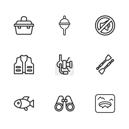 Illustration for Set line Binoculars, Oars or paddles boat, Winter fishing, Spinning reel for, Speaker mute, Case box equipment, Fishing float and jacket icon. Vector - Royalty Free Image