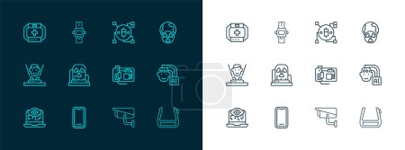 Set line Planet earth and radiation, Mobile phone, Motherboard, Security camera, Radioactive warning lamp, Blockchain technology Bitcoin, First aid kit and Wrist watch icon. Vector