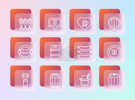 Illustration for Set line Wooden barrel on rack, Sausage, Oktoberfest man, Metal beer keg, Heart with glass of, Dried fish and Pretzel icon. Vector - Royalty Free Image
