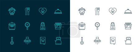 Set line Covered with tray of food, Kitchen extractor fan, Grater, Cookbook, Frying pan, Chef hat, Cooking pot on fire and Crossed knife and fork icon. Vector