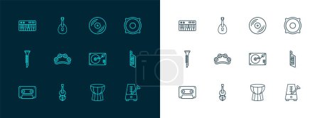 Set line Stereo speaker, Violin, Vinyl player with vinyl disk, African darbuka drum, Tambourine, Music synthesizer and Mandolin icon. Vector