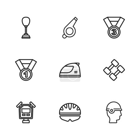 Set line Fahrradhelm, Hantel, Baseball, Rennen, Medaille, Boxsack, Trillerpfeife und Symbol. Vektor