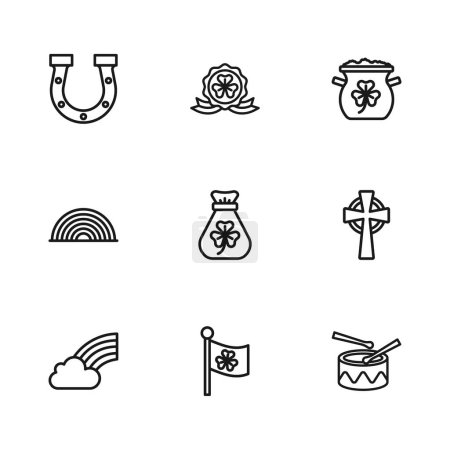 Ilustración de Fijar línea bandera de Irlanda con trébol, cruz celta, palos de tambor, bolsa de dinero, olla de monedas de oro, herradura, medalla y el arco iris icono. Vector - Imagen libre de derechos