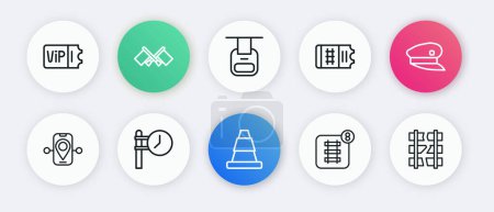 Set line Traffic cone, Train driver hat, Route location, Online ticket booking, Cable car, Broken or cracked railway and station clock icon. Vector