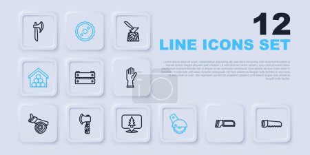 Set line Hacksaw, Hand, Wooden box, Electric circular, logs, axe, Circular blade and Location of the forest icon. Vector