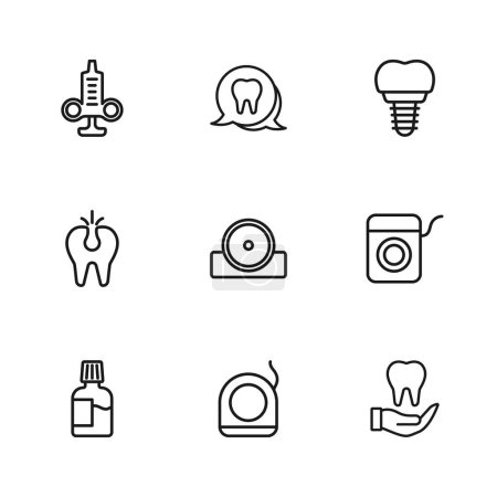 Set line Dental floss, Tooth, Otolaryngological head reflector, implant, Syringe,  and Broken tooth icon. Vector
