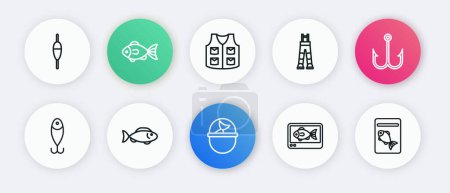 Set line Fishing bucket with fish, hook, lure, finder echo sounder, Fisherman pants, jacket, Served on plate and  icon. Vector