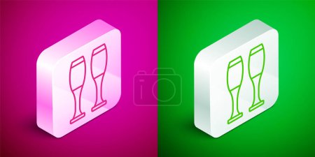 Isometric line Bowling pin icon isolated on pink and green background. Juggling clubs, circus skittles. Silver square button. Vector