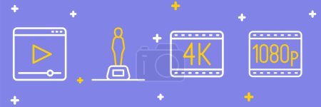 Establecer línea Full HD 1080p, película 4k, trofeo de película y el icono de vídeo de reproducción en línea. Vector