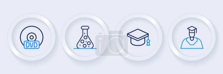 Set line Graduate and graduation cap, Graduation, Test tube and CD or DVD disk icon. Vector