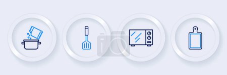 Illustration for Set line Cutting board, Microwave oven, Spatula and Cooking pot and spice icon. Vector - Royalty Free Image
