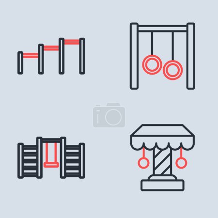 Set line Gymnastic rings, Swedish wall, Attraction carousel and Sport horizontal bar icon. Vector
