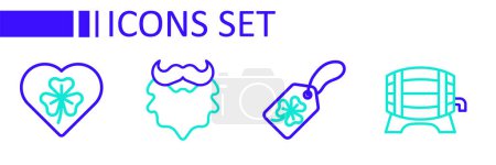 Illustration for Set line Wooden barrel on rack, Clover trefoil leaf with tag, Mustache and beard and Heart clover icon. Vector - Royalty Free Image