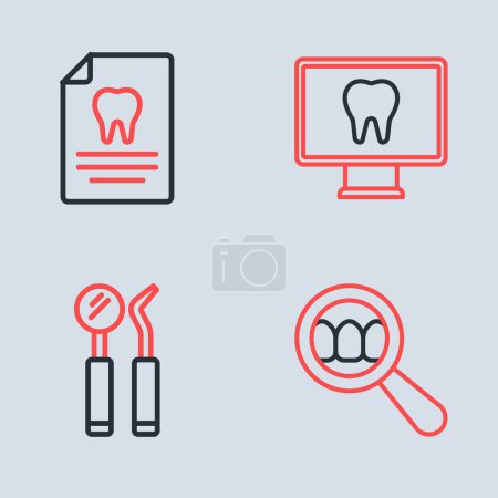 Set line Online-Zahnpflege, Spiegel und Sonde, Suche und Zwischenablage mit Kartensymbol. Vektor
