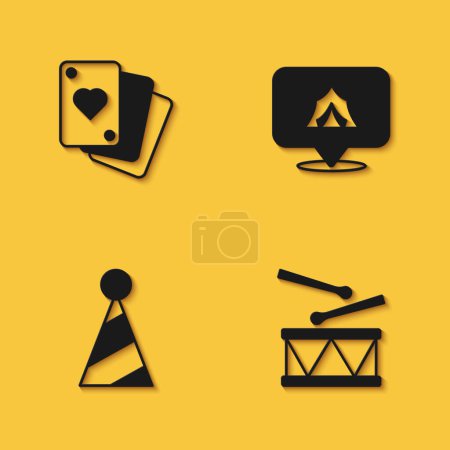 Ilustración de Conjunto de cartas de juego, tambor con palos de tambor, sombrero de fiesta y el icono de la tienda de circo con sombra larga. Vector - Imagen libre de derechos