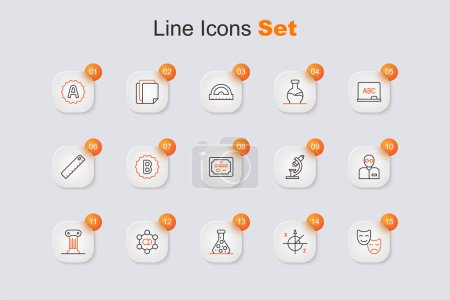 Set line Comedy and tragedy masks, Trigonometric circle, Test tube, Molecule, Law pillar, Teacher, Microscope and Certificate template icon. Vector